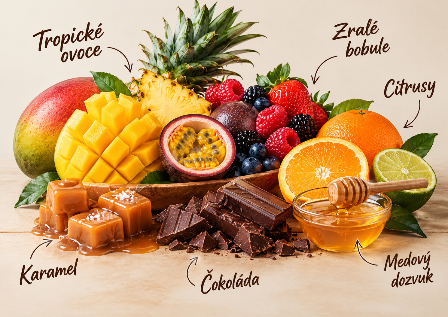 Tropical fruit, caramel, chocolate and honey flavour profile
